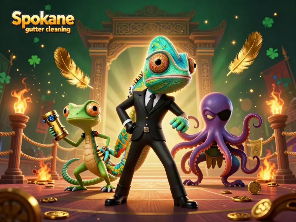 Experience Spokane gutter cleaning with a dynamic scene featuring a colorful secret agent chameleon and gaming elements