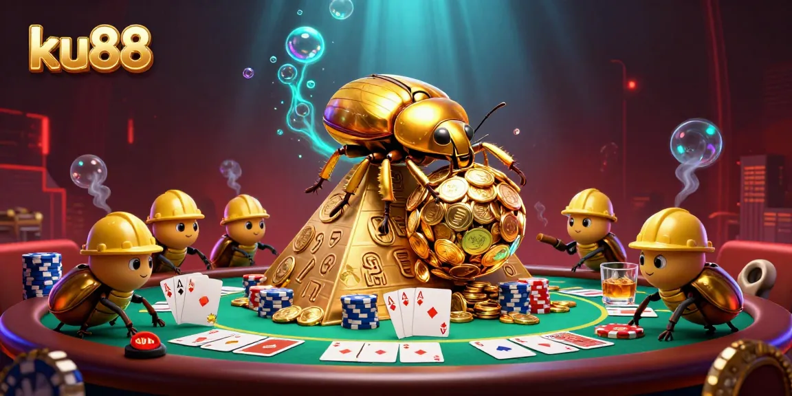 ku88 showcases a golden beetle rolling coins as poker elements surround a vibrant casino scene.