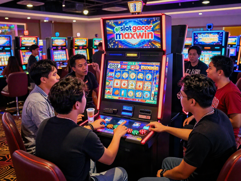 situs slot gacor maxwin friends playing a vibrant slot machine in a lively casino