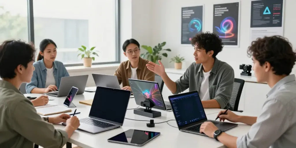 A diverse team collaborating with laptops in a bright workspace, showcasing an affordable AI video generator for innovative video creation.
