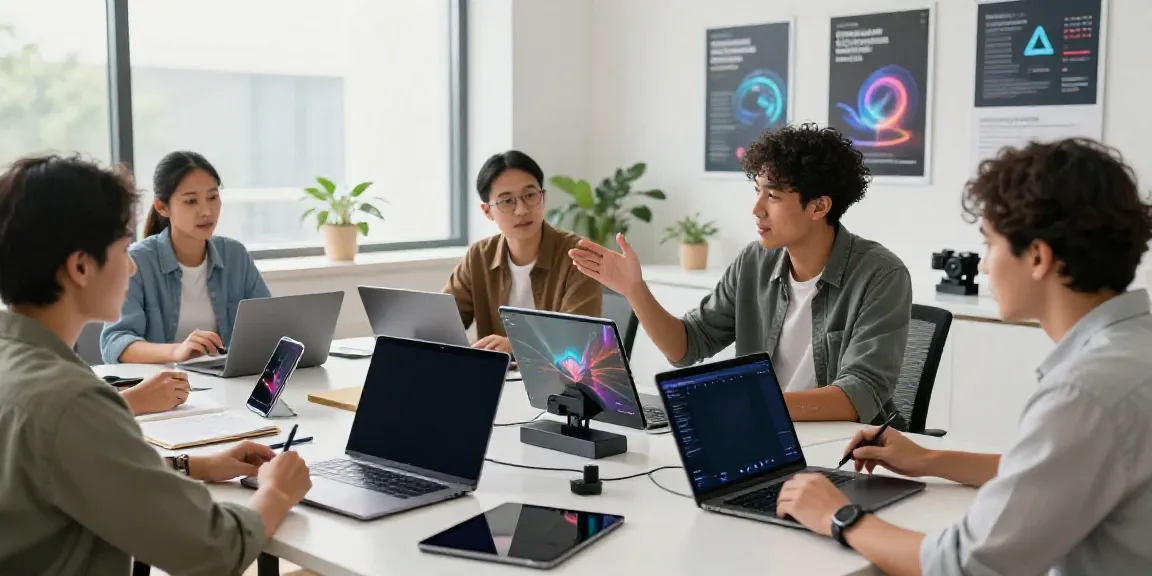A diverse team collaborating with laptops in a bright workspace, showcasing an affordable AI video generator for innovative video creation.