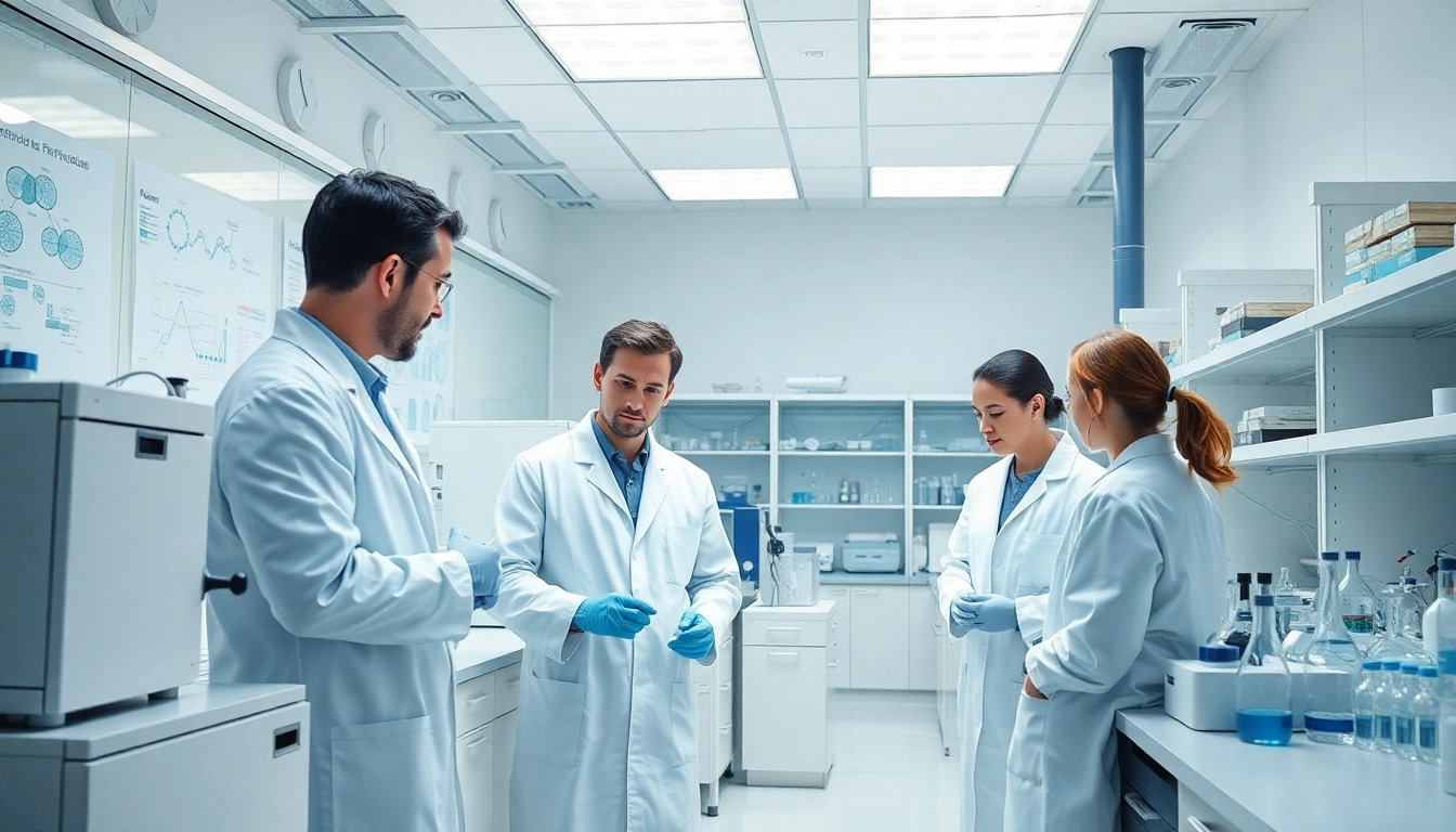 Buy peptide in a professional lab setting showcasing scientists engaged in research.