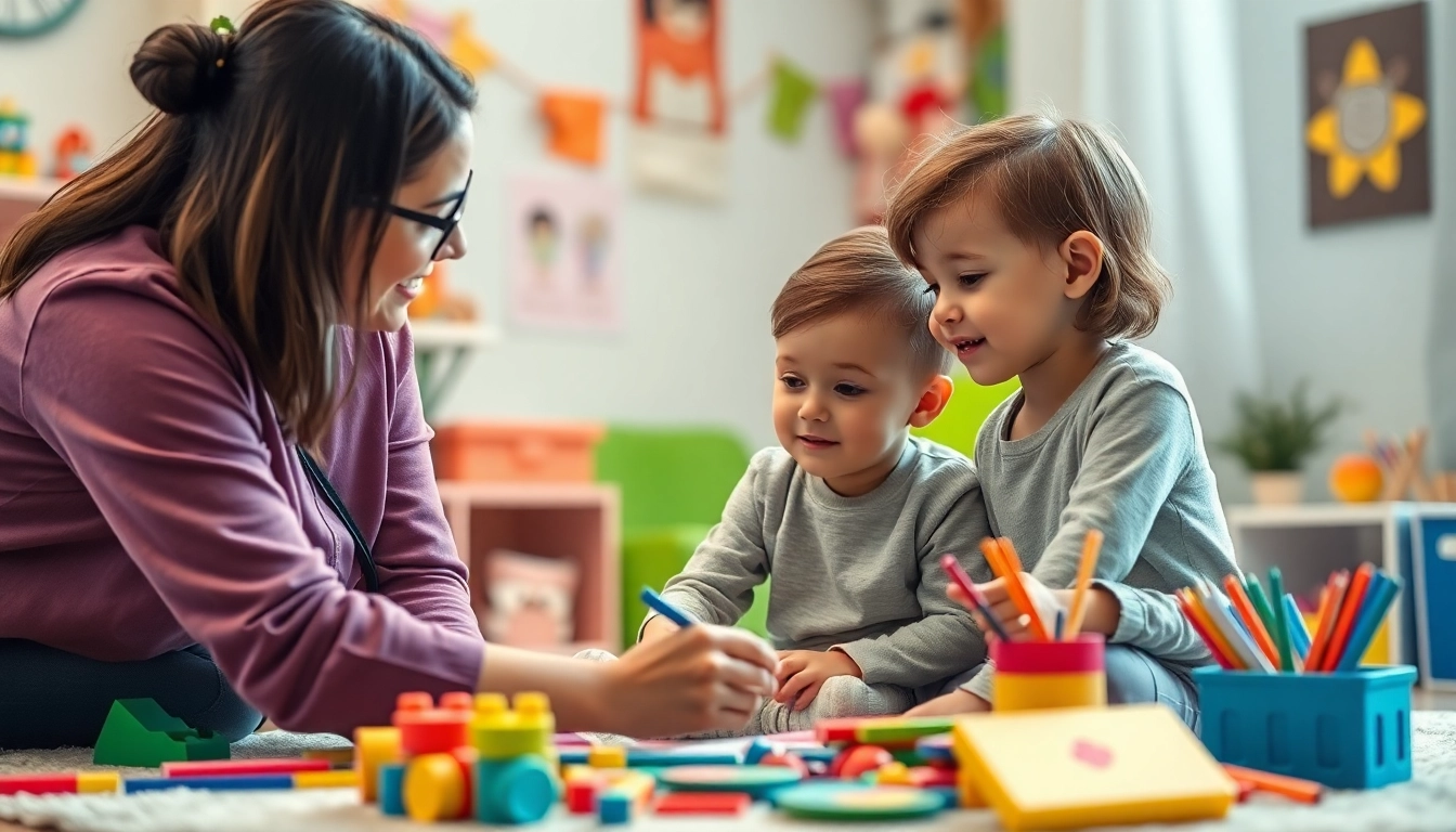 Child engaging in Play Therapy with a therapist surrounded by toys and art supplies.