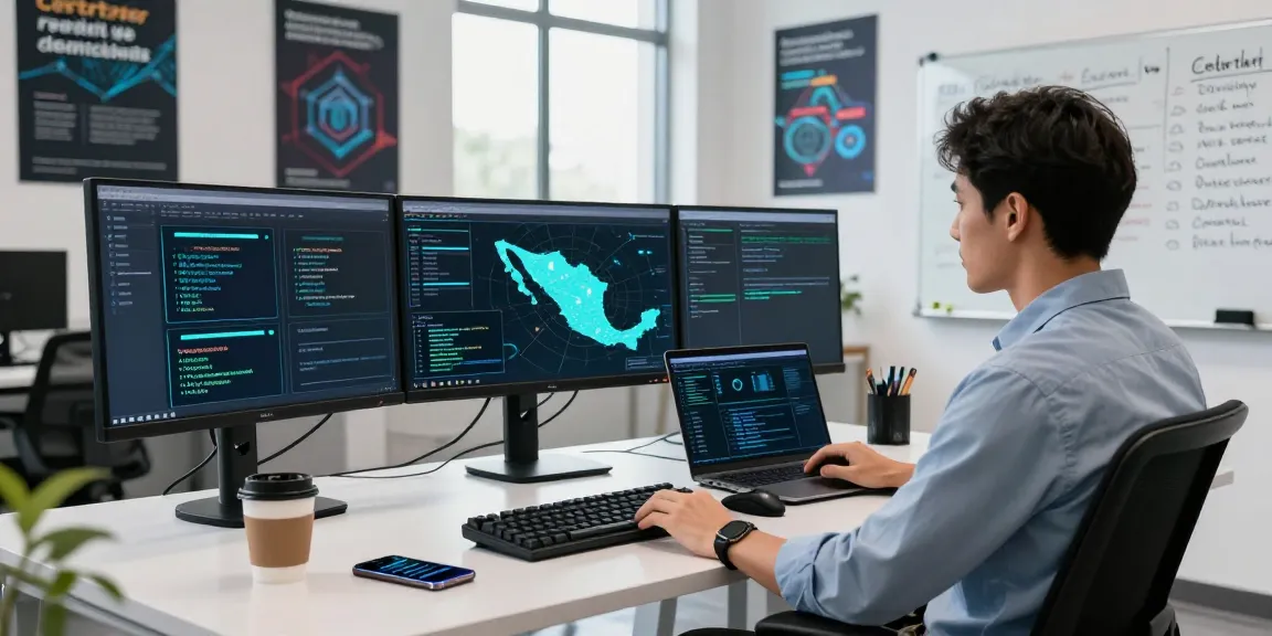 Certificados SSL en México: espacio de trabajo moderno de ciberseguridad con analista y pantallas de cifrado.