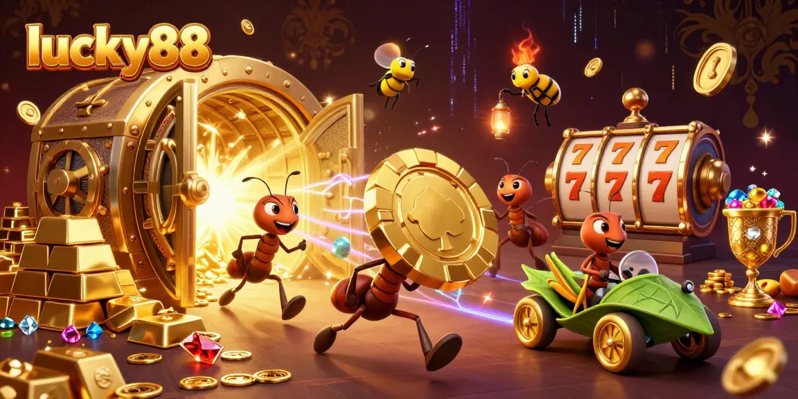 Lucky88 ants heist with golden poker chip in a dynamic casino illustration.