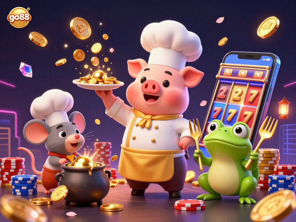 Engage with the vibrant world of go88, featuring a whimsical 3D chef pig serving gold coins, amidst thrilling casino elements.