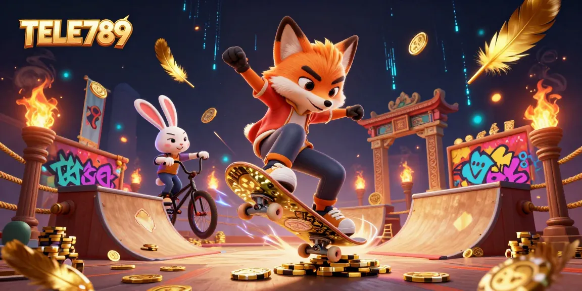 Join the excitement at TELE789 with a 3D fox and rabbit in vibrant casino activities, showcasing thrilling bets and wins.