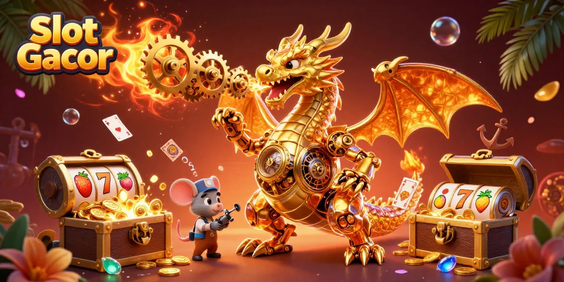 Experience the excitement of Slot Gacor with a vibrant 3D illustration featuring a golden dragon and dynamic casino elements.