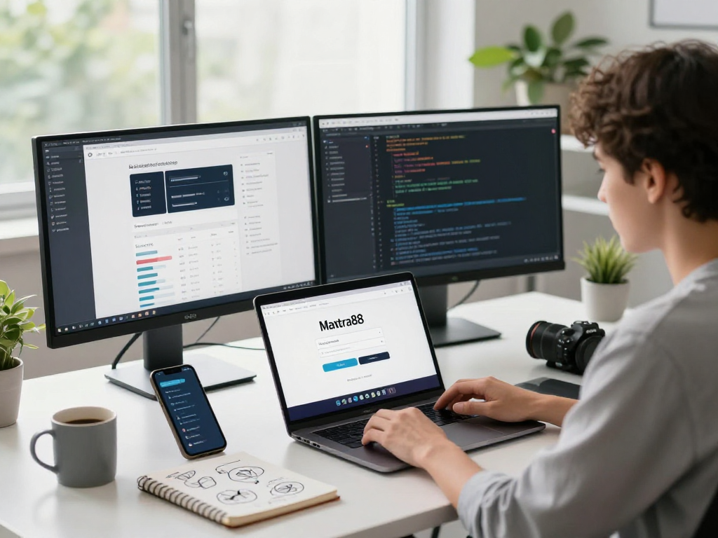 User accessing mantra88 login on a laptop in a modern workspace with dual monitors and a motivating atmosphere.