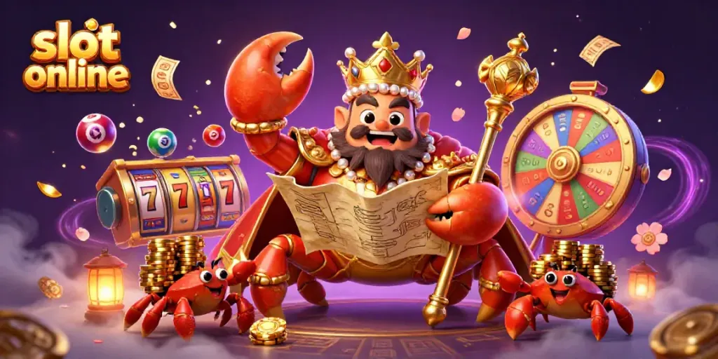 Spin slots online with a majestic golden crab emperor among dynamic lottery elements.