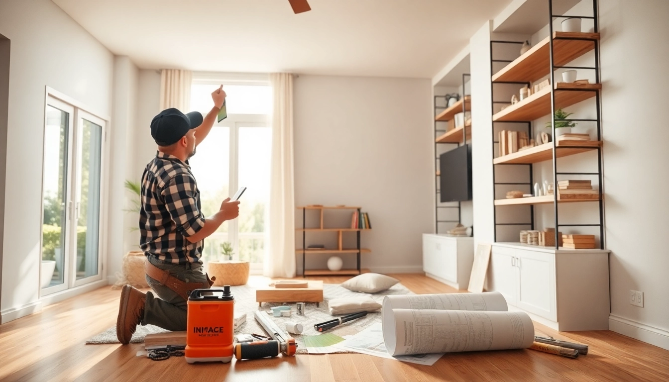Home improvement project in a bright living room with a contractor installing shelves.