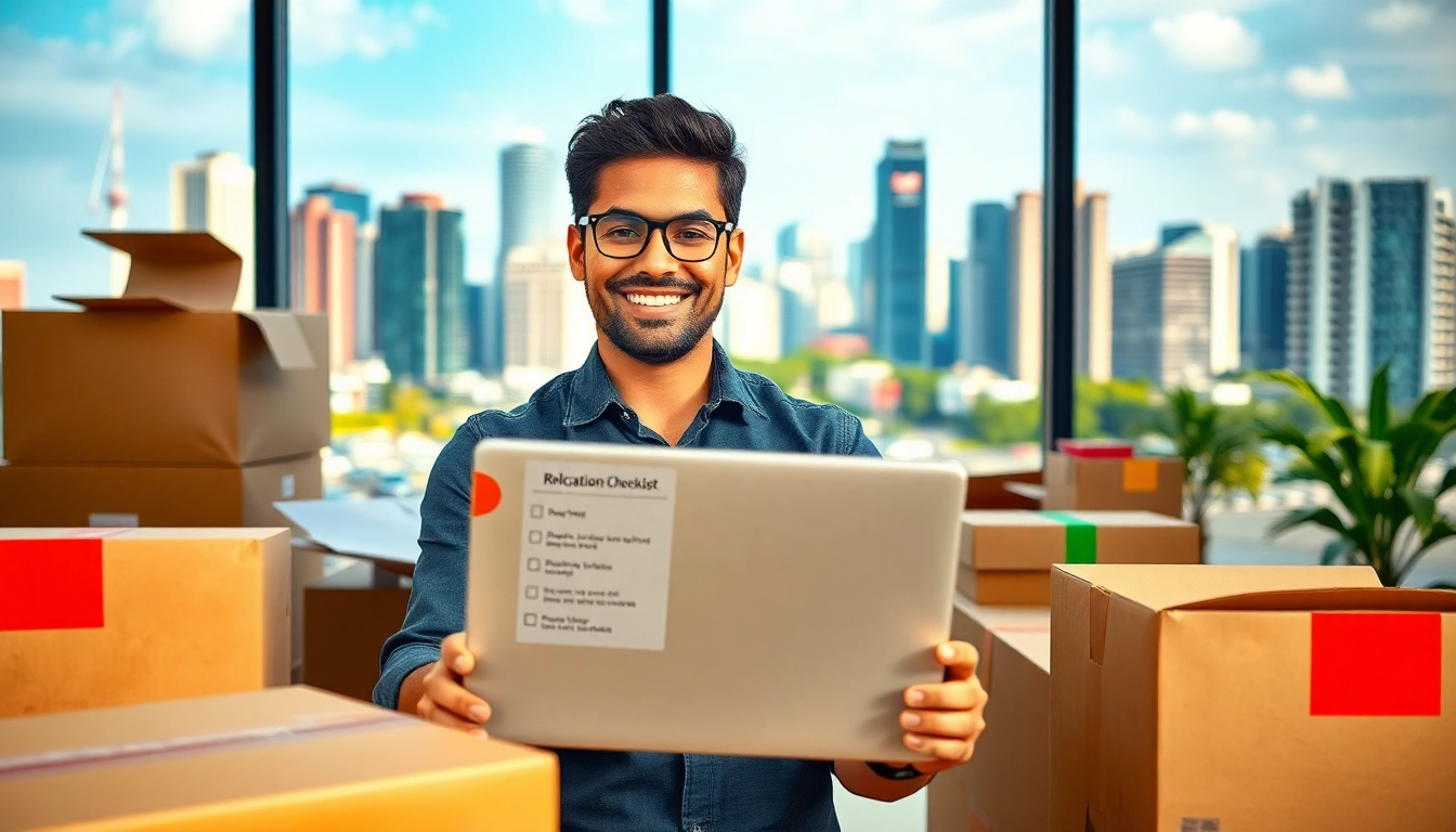 Efficient WRITER RELOCATIONS IN WORLI illustrated through a smiling writer surrounded by moving boxes.