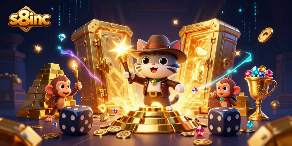 Experience thrilling gaming at s8inc with a playful cat exploring a vibrant casino world.