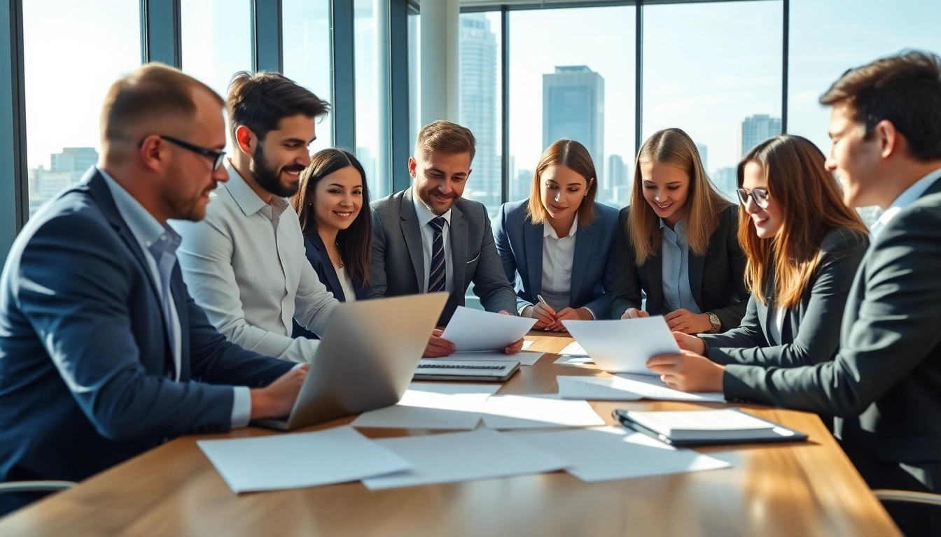 Engaging professionals discussing multi-state title and escrow services in a modern office setting.