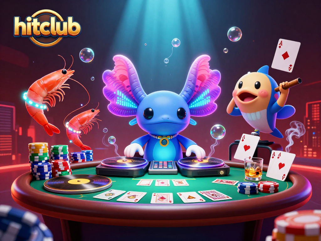 Experience the vibrant hitclub casino magic with a neon axolotl DJ and lively sea creatures.