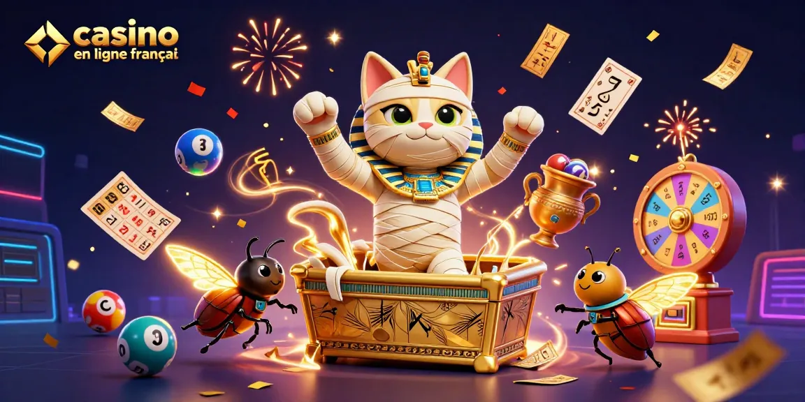Un chat momie égyptien dans un casino en ligne français, entouré de jeux de loterie colorés.